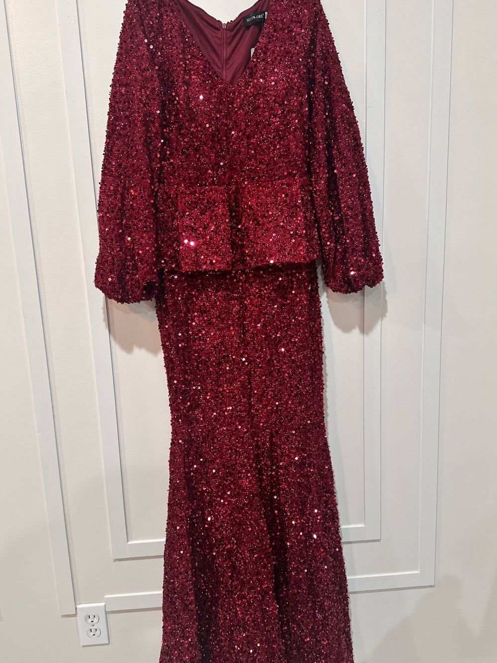 Women's Burgundy Sequin Maxi Dress with Peplum Detail